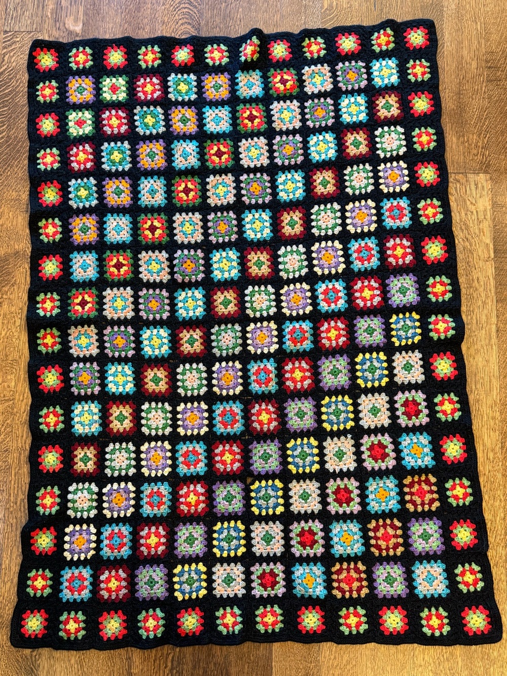 Vintage Possible Wool Granny Square Afghan 3.5” Squares Black 58.5x43